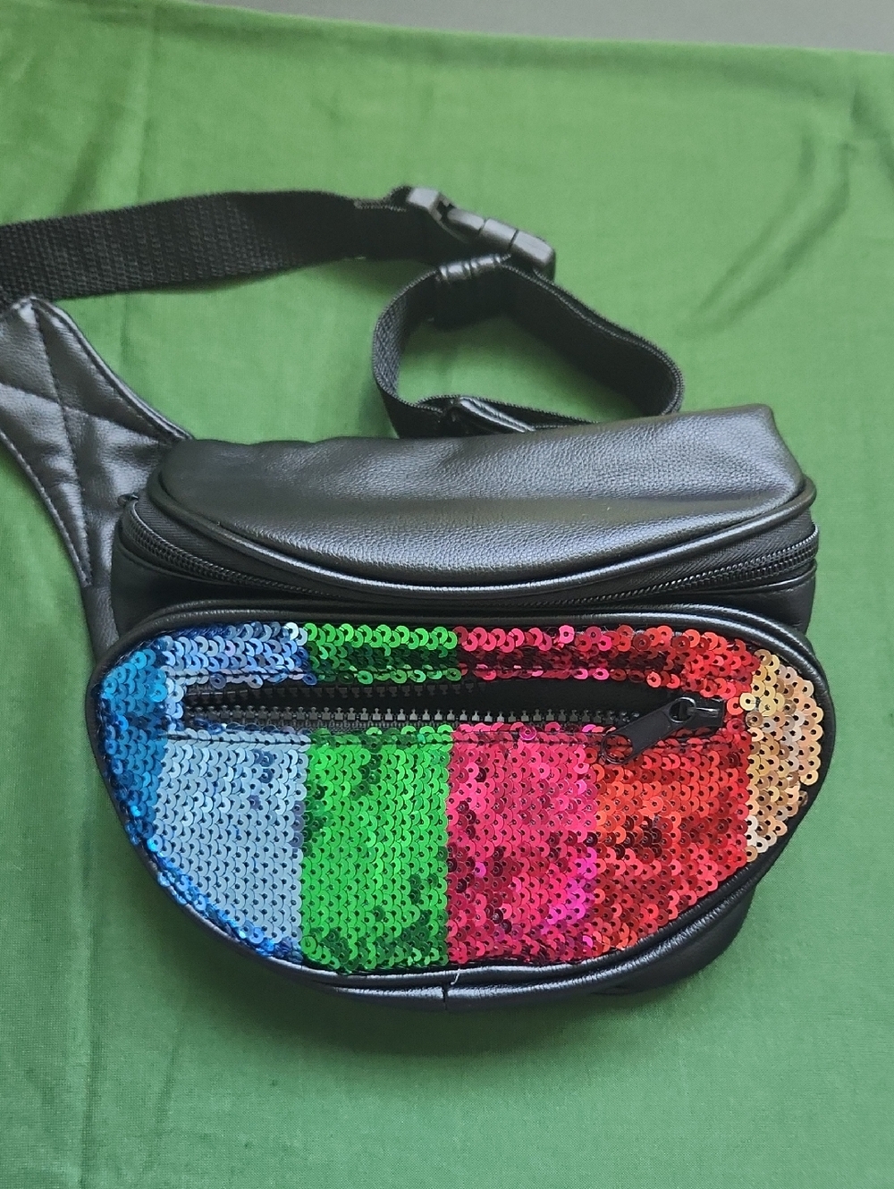 Black Faux Leather Rainbow Sequin Waist Pack